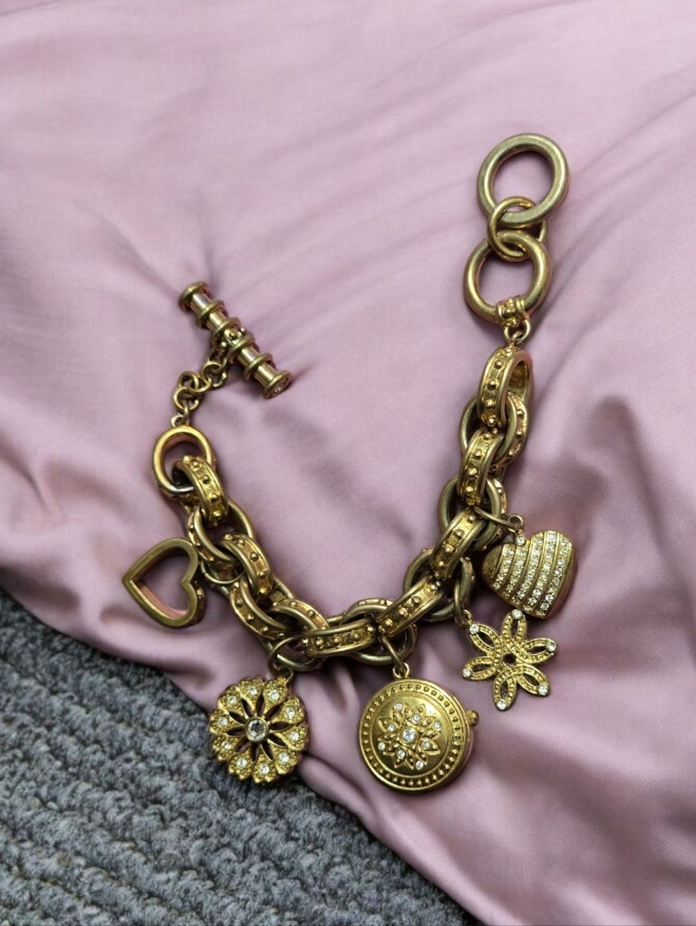 Anne Klein Vintage Gold Tone Charm Bracelet with Heart Watch & Floral Charms - Picture 6 of 15